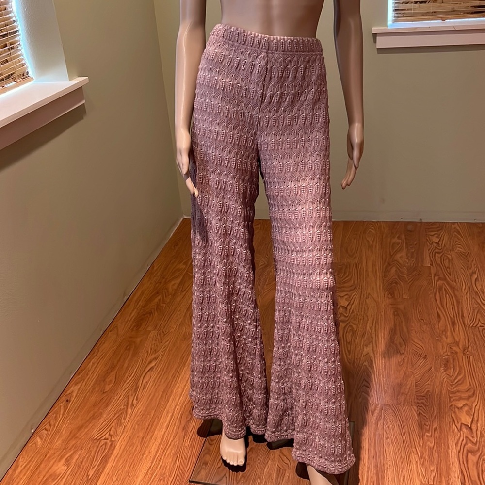 Free People Taupe Colored Crochet Loose Knit Wide Leg Pant Size 12